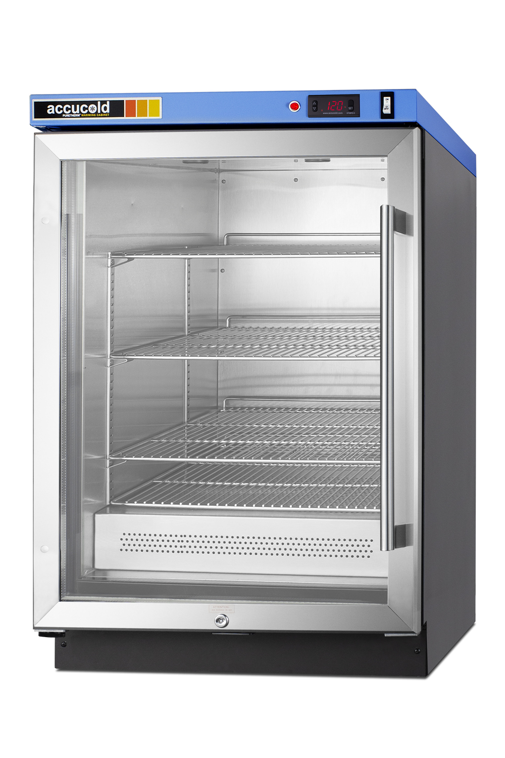 Single chamber passive heating blanket warmer with glass door, stainless steel interior and exterior, digital thermostat, and lock